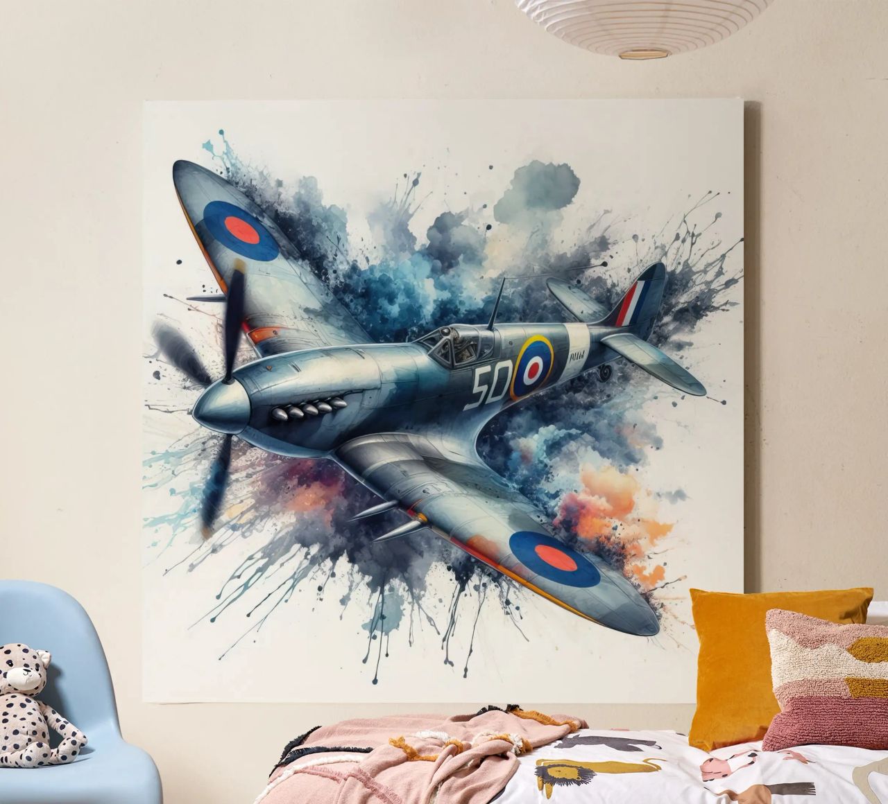 Spitfire at full speed drawn in watercolor with splashes canvas by ARTVI-SHOP