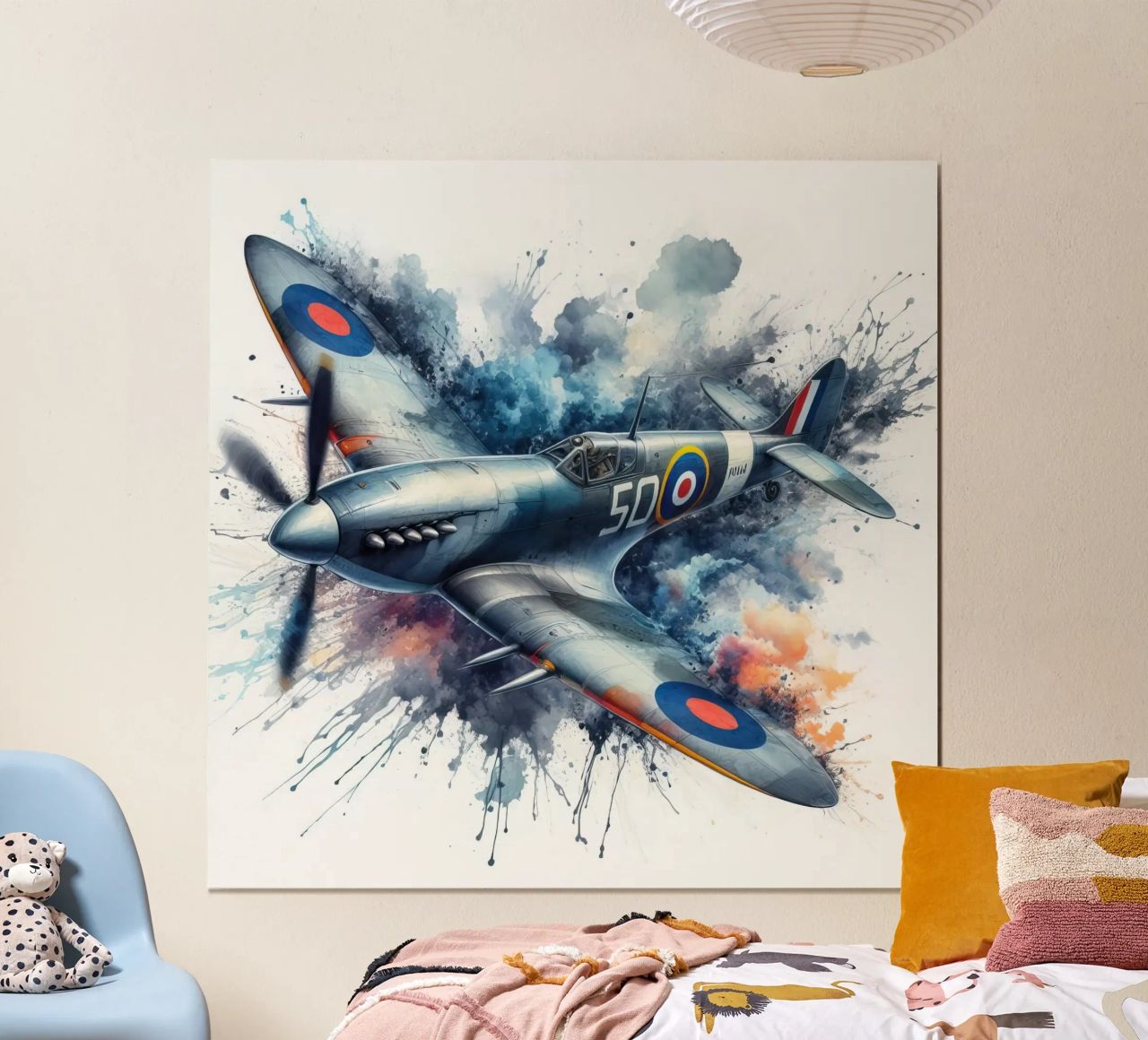 Spitfire at full speed drawn in watercolor with splashes poster by ARTVI-SHOP