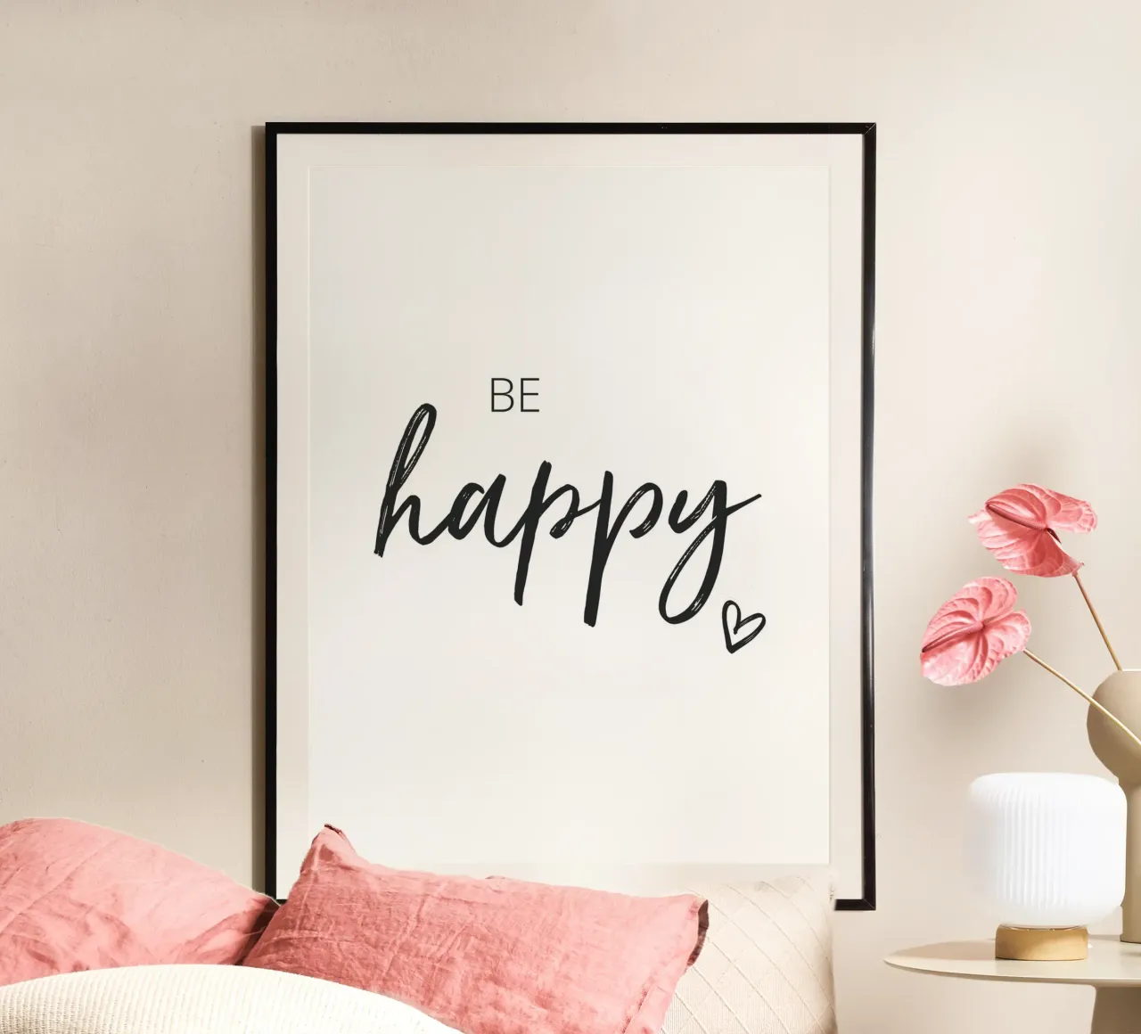 Be Happy - Design tipografico di ispirazione poster con telaio in legno da Whole©