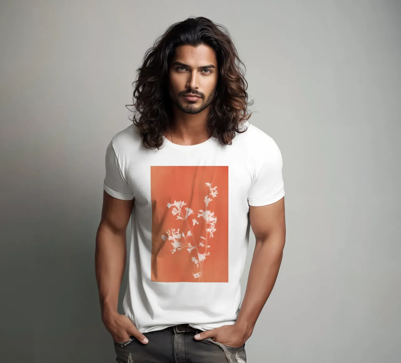 Cianotipo floreale arancione t-shirt da amini54