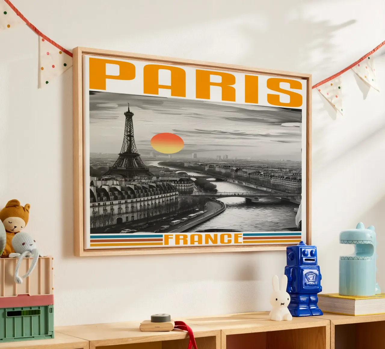 PARIGI città panorama anni '70 design classico retrò tela con Cornice a cassetta da theganduls