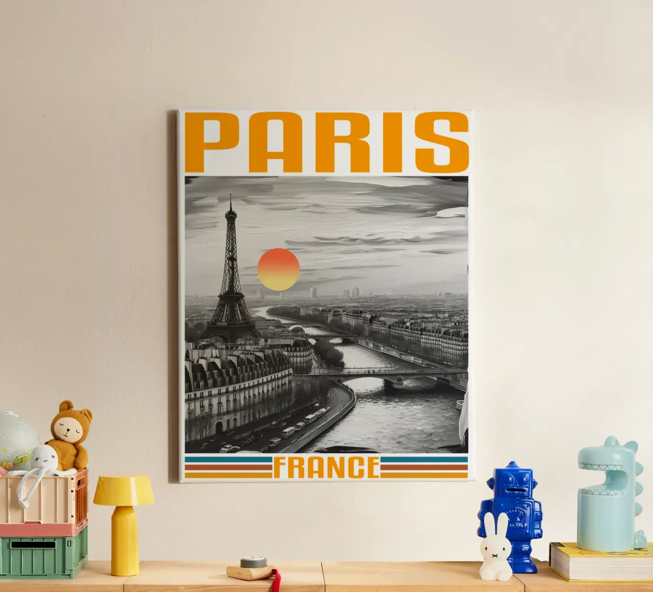 PARIGI città panorama anni '70 design classico retrò tela con Cornice a cassetta da theganduls