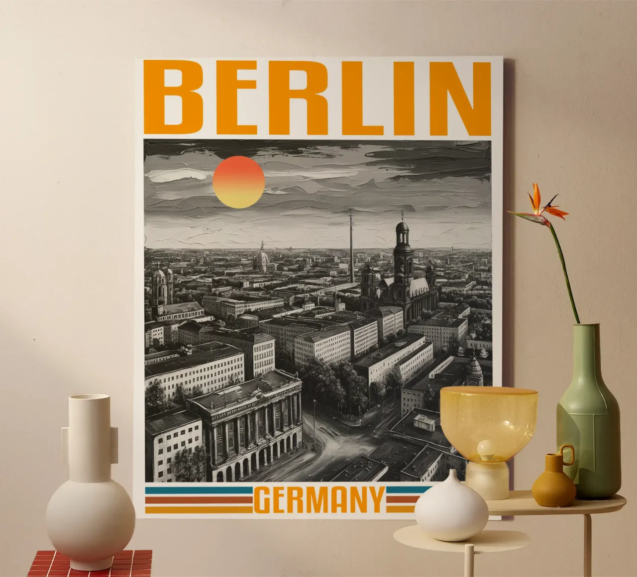 BERLIJN stadspanorama 70's retro klassiek ontwerp canvas met Baklijst van theganduls