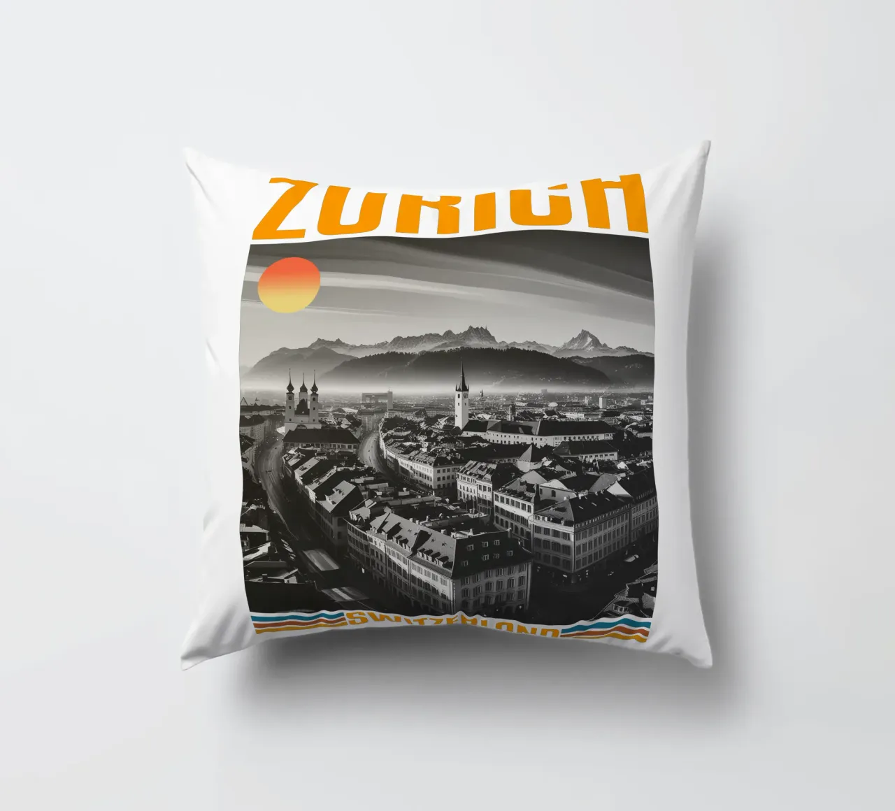 panorama della città di zurigo 70's retro classic design cuscino da theganduls