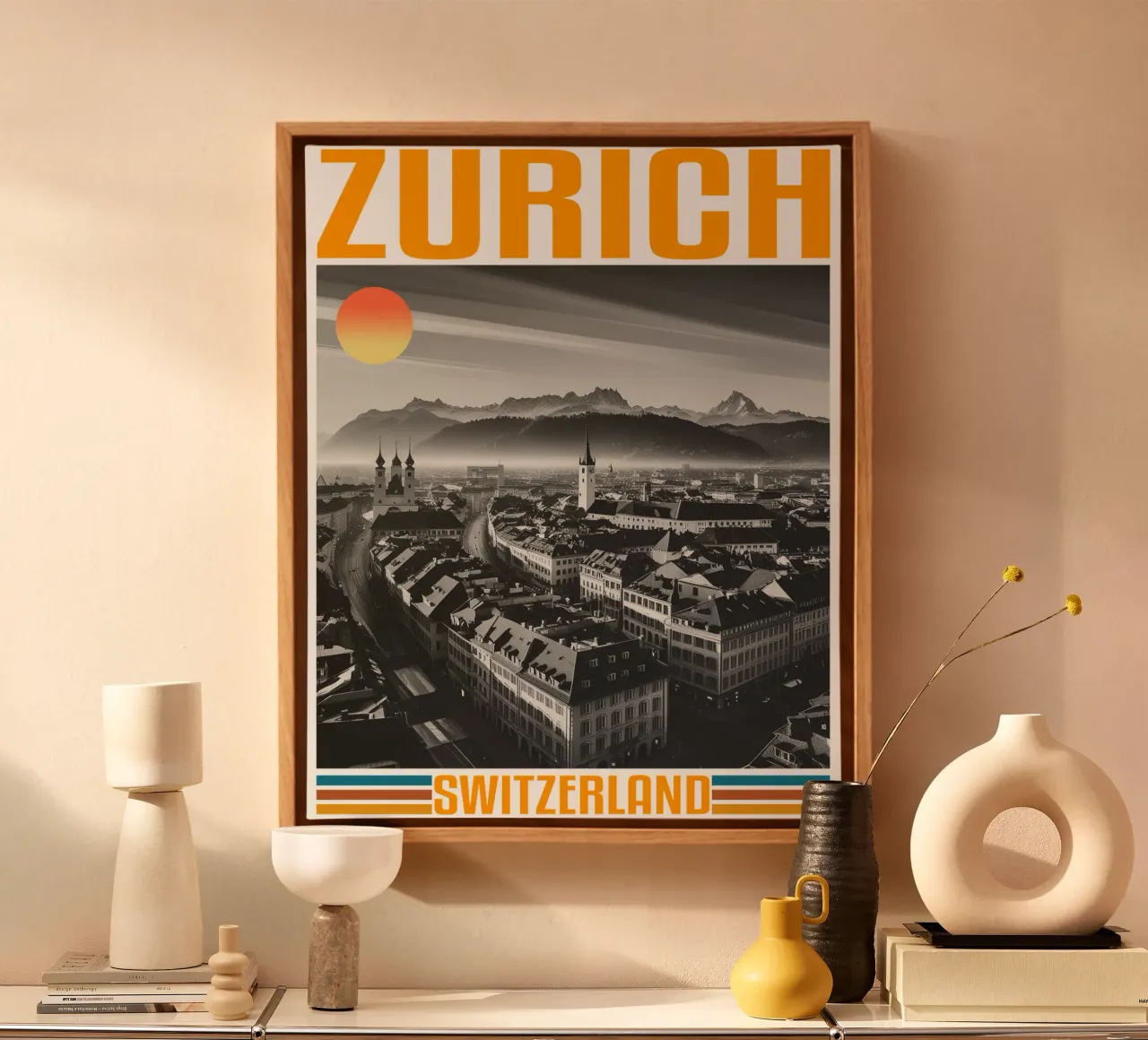 stadspanorama zurich 70's retro klassiek ontwerp canvas met Baklijst van theganduls