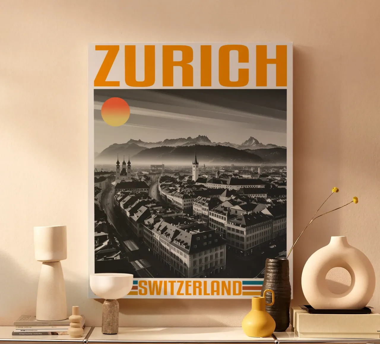 stadspanorama zurich 70's retro klassiek ontwerp canvas met Baklijst van theganduls