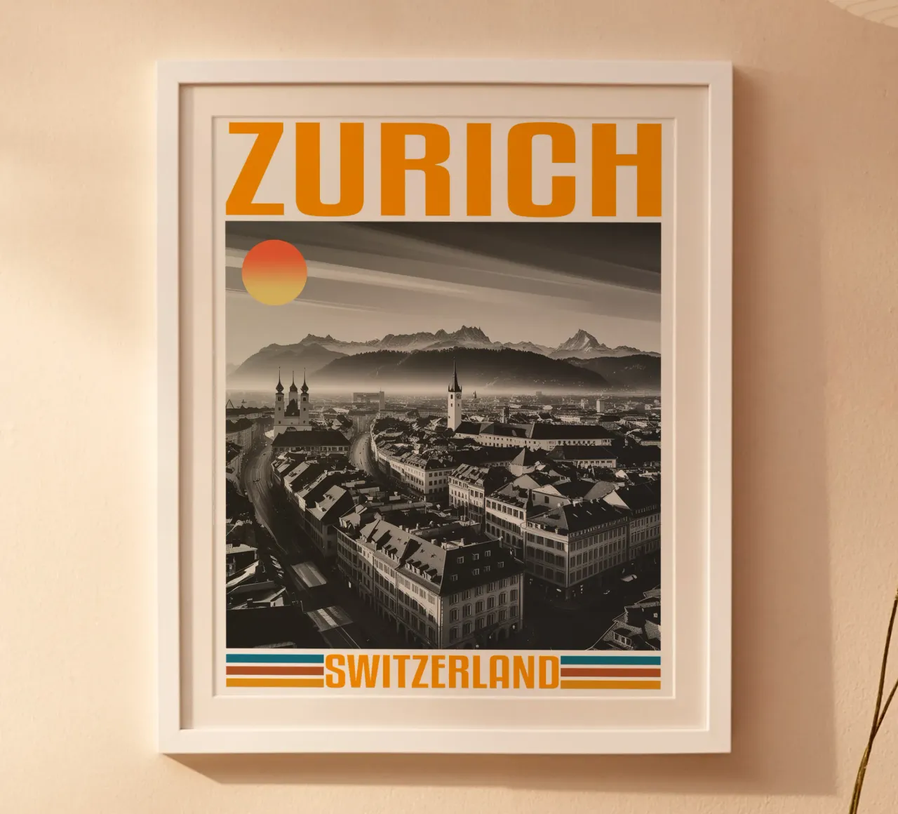 panorama della città di zurigo 70's retro classic design poster con telaio in legno da theganduls