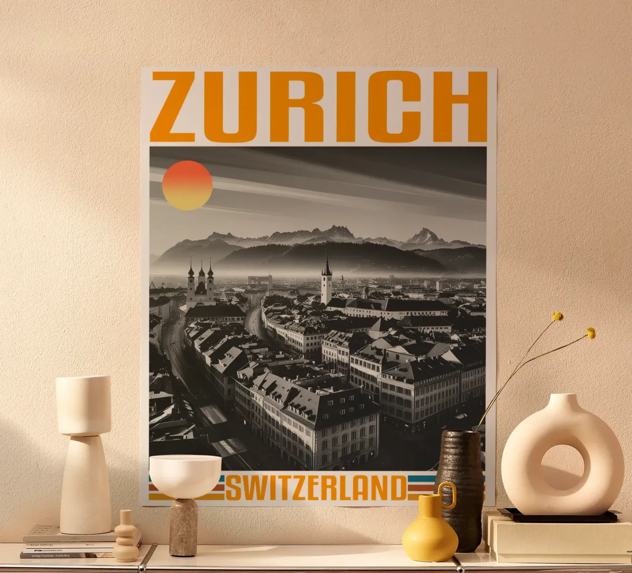 panorama della città di zurigo 70's retro classic design poster con telaio in legno da theganduls