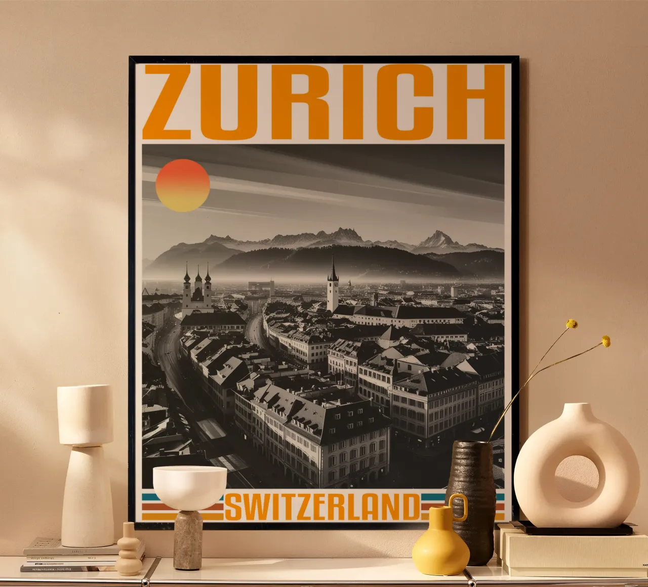 panorama della città di zurigo 70's retro classic design poster con telaio in legno da theganduls