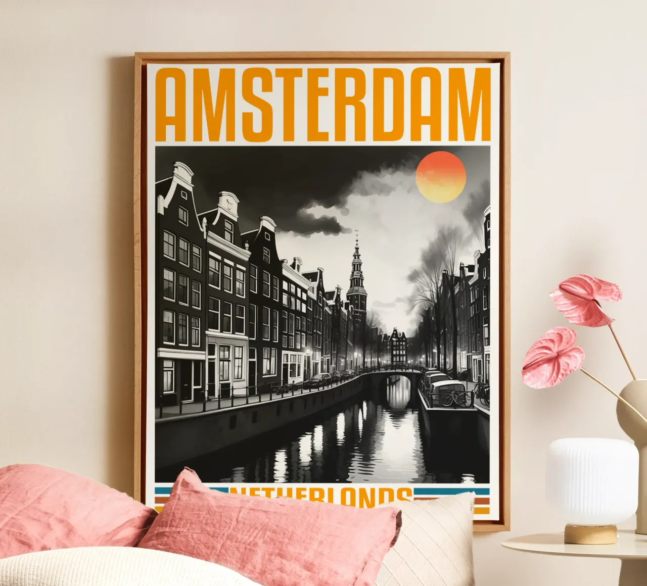Amsterdam stadspanorama 70's retro klassiek ontwerp canvas van theganduls