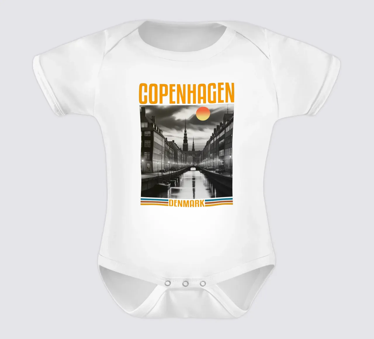 Panorama della città di Copenaghen Design classico retrò anni '70 body neonato maniche corte da theganduls