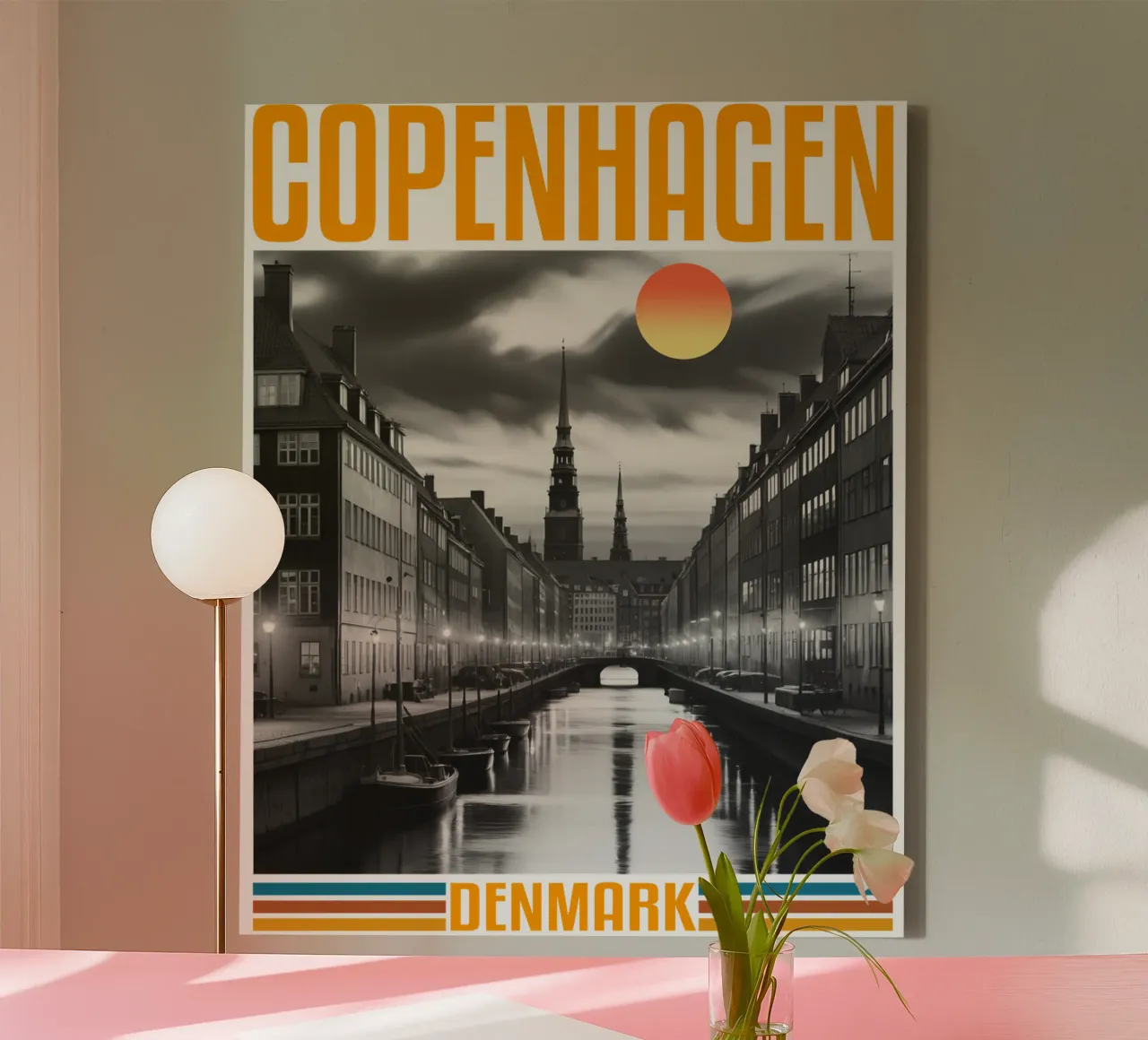Panorama della città di Copenaghen Design classico retrò anni '70 tela con Cornice a cassetta da theganduls