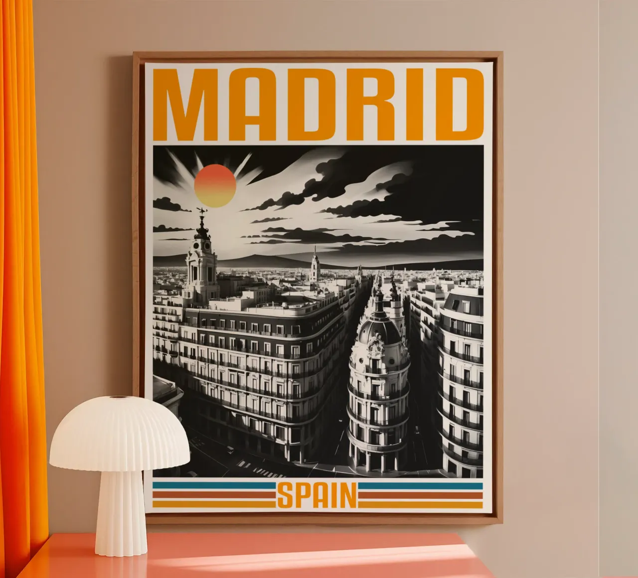 Panorama della città di MADRID Design classico retrò anni '70 tela con Cornice a cassetta da theganduls