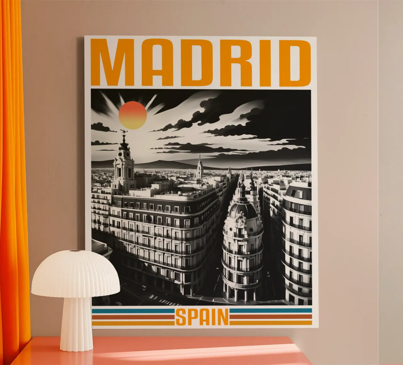 Panorama della città di MADRID Design classico retrò anni '70 tela con Cornice a cassetta da theganduls