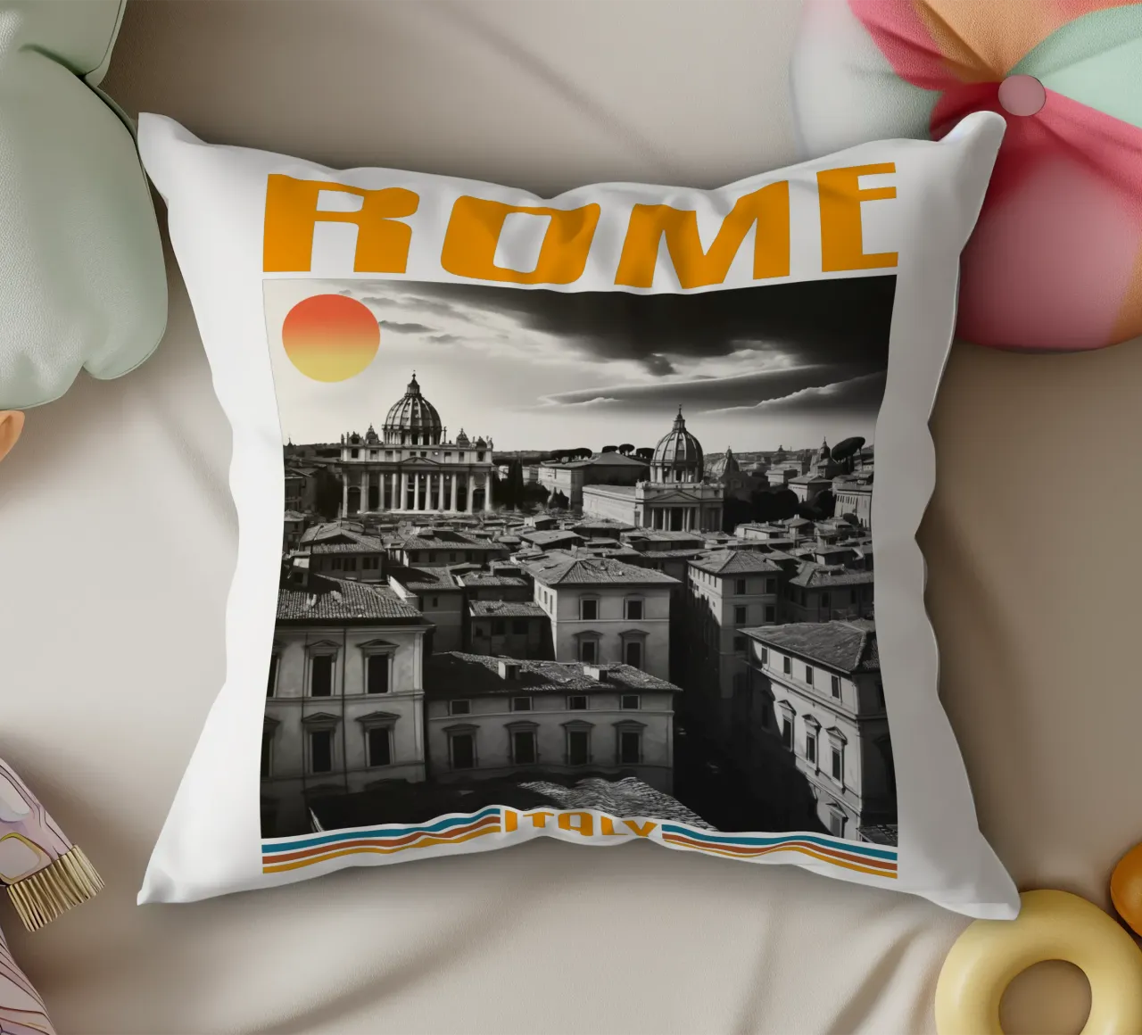 ROME city panorama 70's retro classic design decorative cushion by theganduls