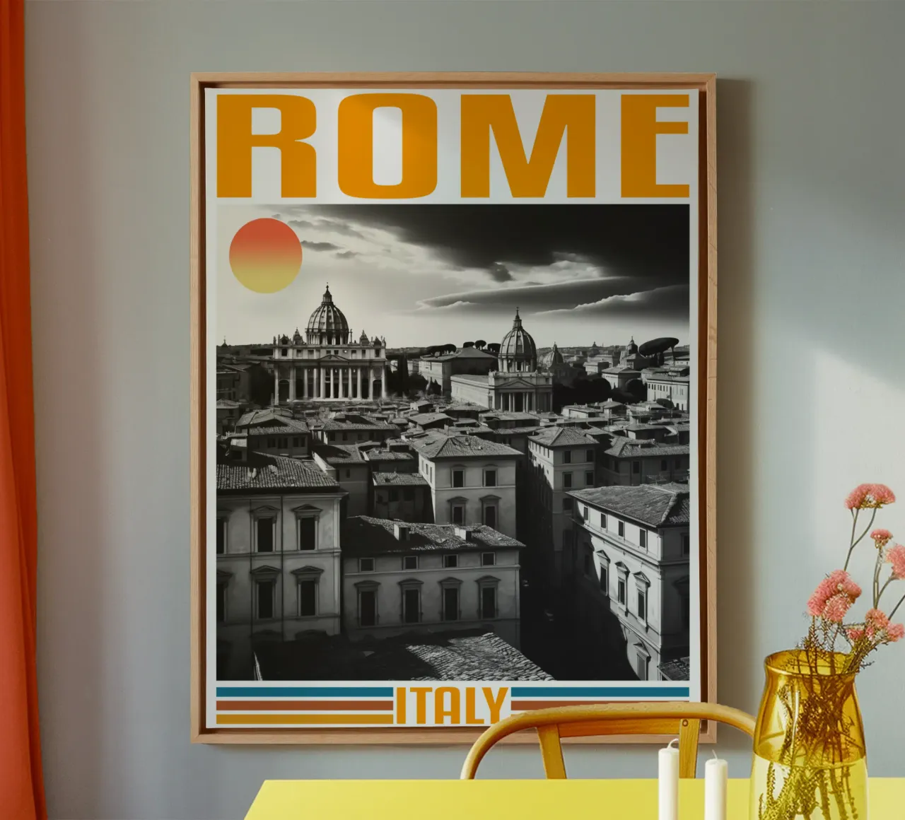 ROME stadspanorama 70's retro klassiek ontwerp canvas met Baklijst van theganduls
