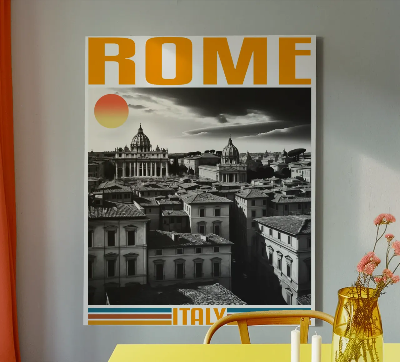 ROME stadspanorama 70's retro klassiek ontwerp canvas met Baklijst van theganduls