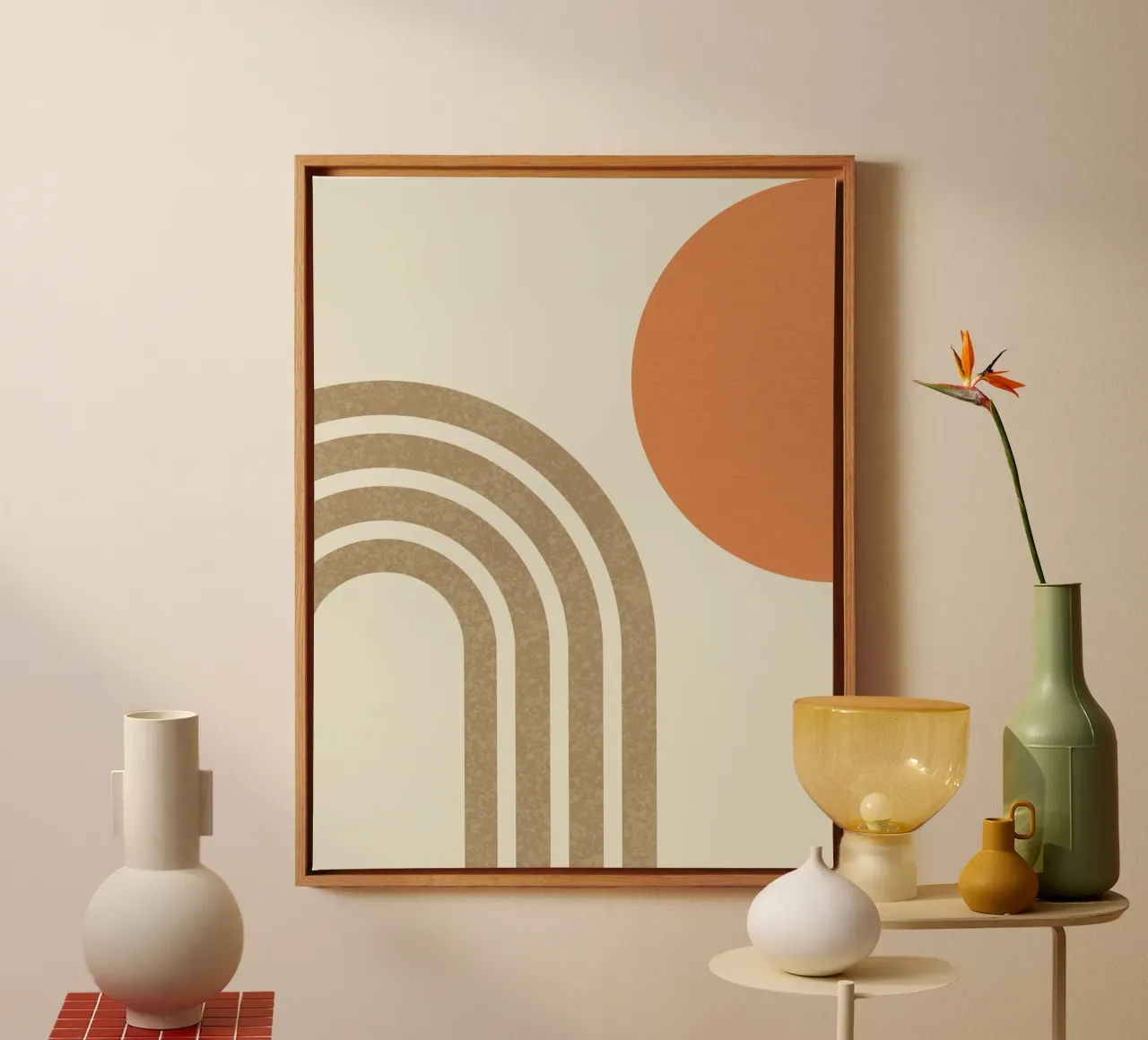Mid-eeuwse Oranje Zon & Regenboog canvas met Baklijst van MoonlightPrint