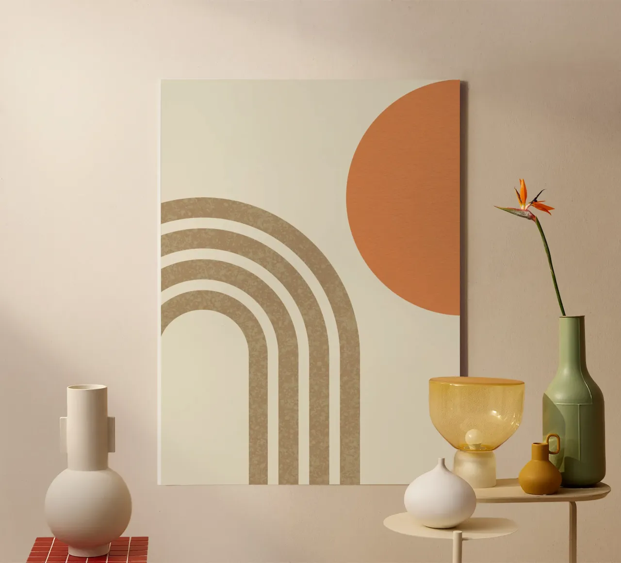 Mid-eeuwse Oranje Zon & Regenboog canvas met Baklijst van MoonlightPrint