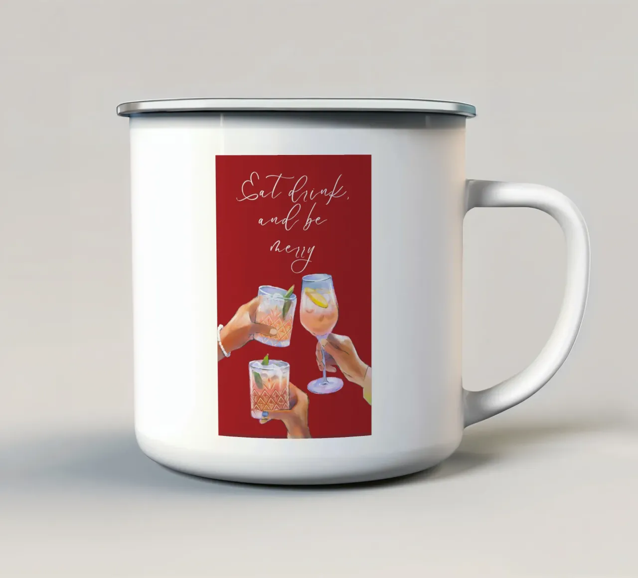 Eet Drink Wees Vrolijk emaille mok van pdigitalprints