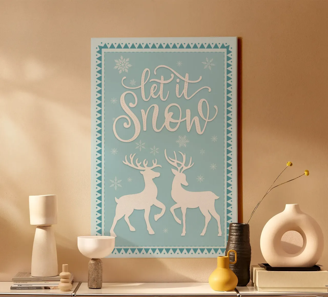 Feliz Navidad con ciervos, corzos y copos de nieve lienzo con Marco flotante de CalliLetters