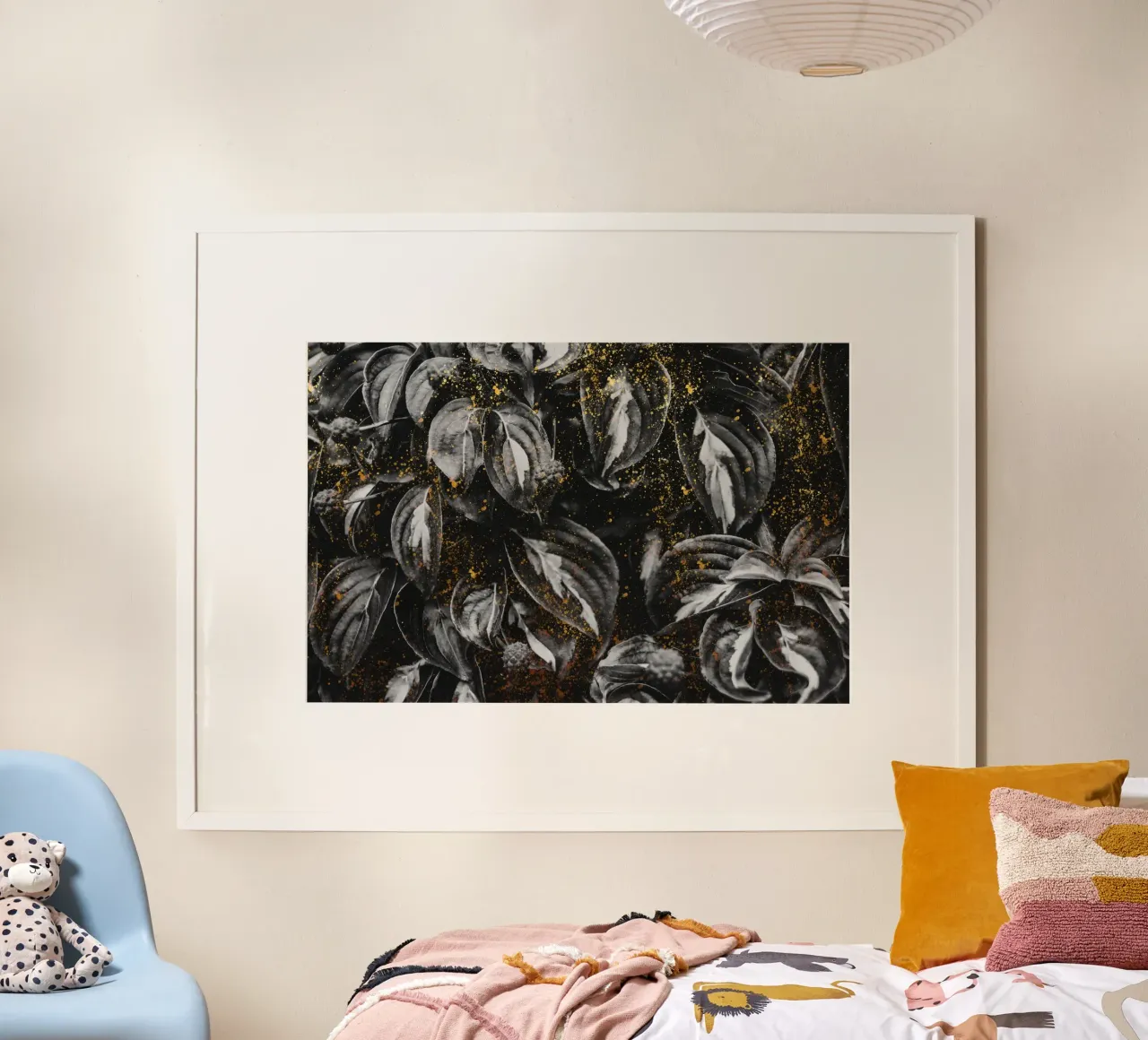 Black Leaves and Gold Poster mit Holzrahmen von IndigoBird