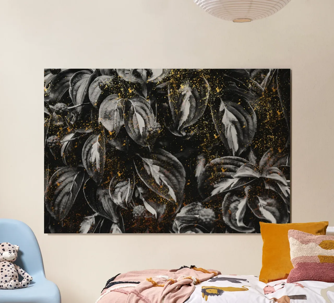 Black Leaves and Gold Poster mit Holzrahmen von IndigoBird