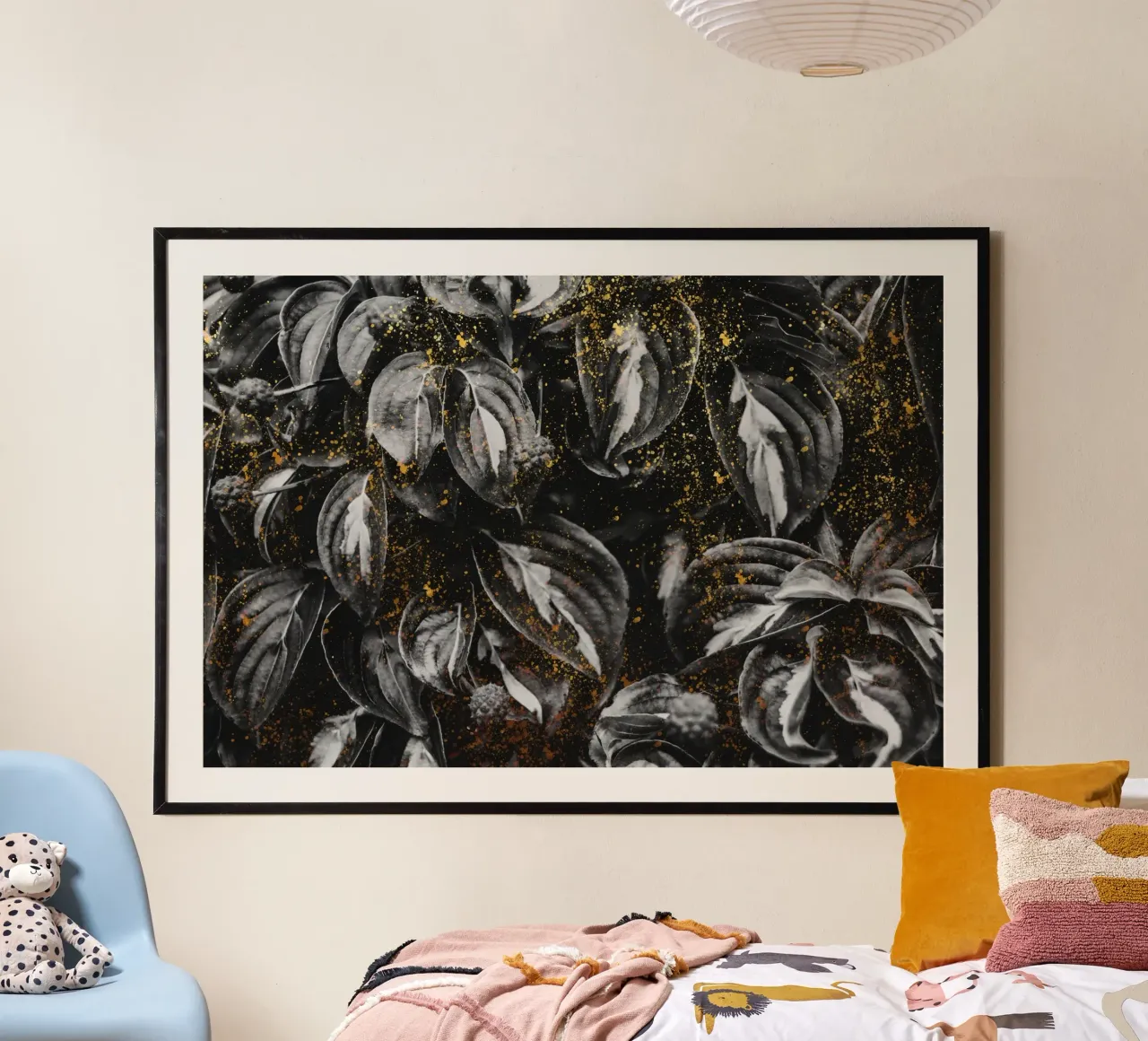 Black Leaves and Gold Poster mit Holzrahmen von IndigoBird