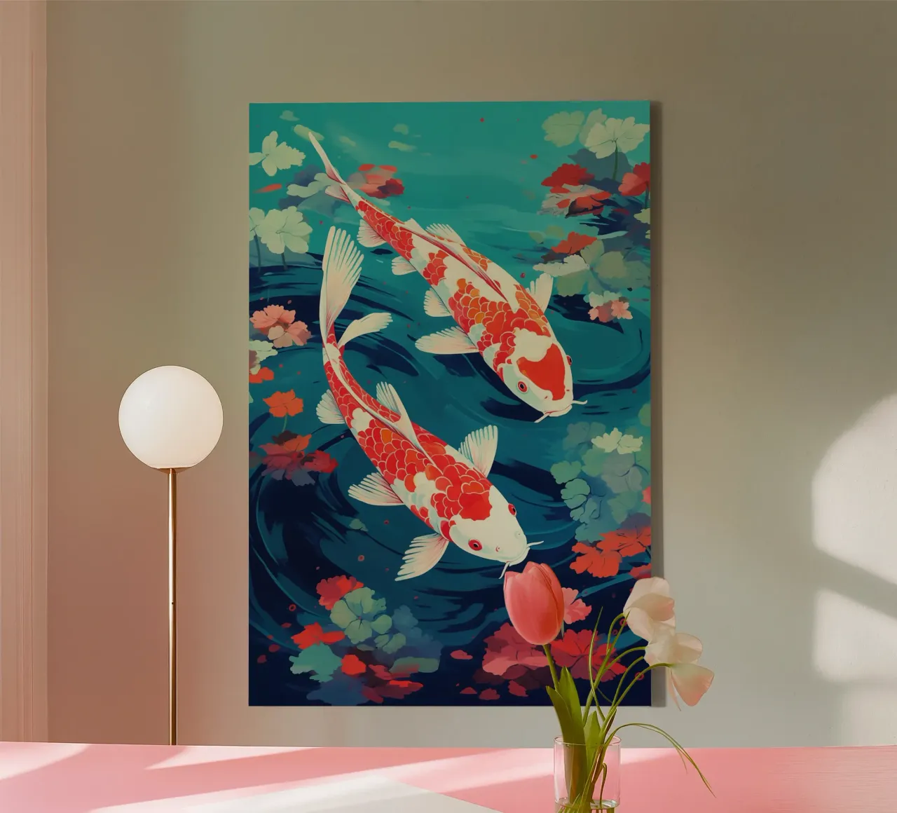 Twee rode koikarpers in de vijver canvas met Baklijst van Autofocus
