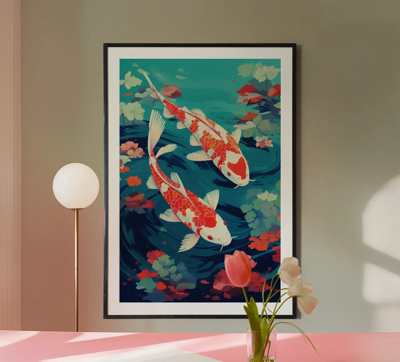 Due carpe koi rosse nello stagno poster da Autofocus