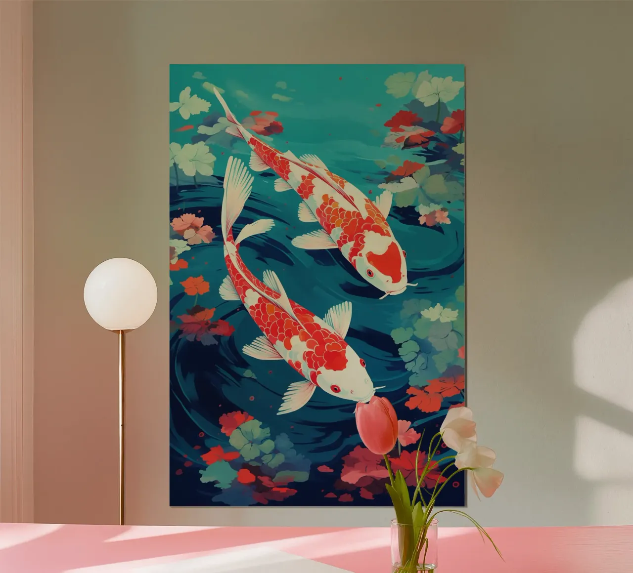 Due carpe koi rosse nello stagno poster da Autofocus