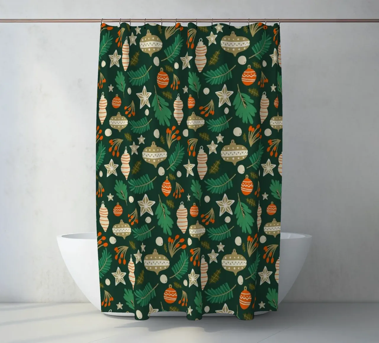 Christmas Baubles and Winter Foliage Green shower curtain by susanacosta