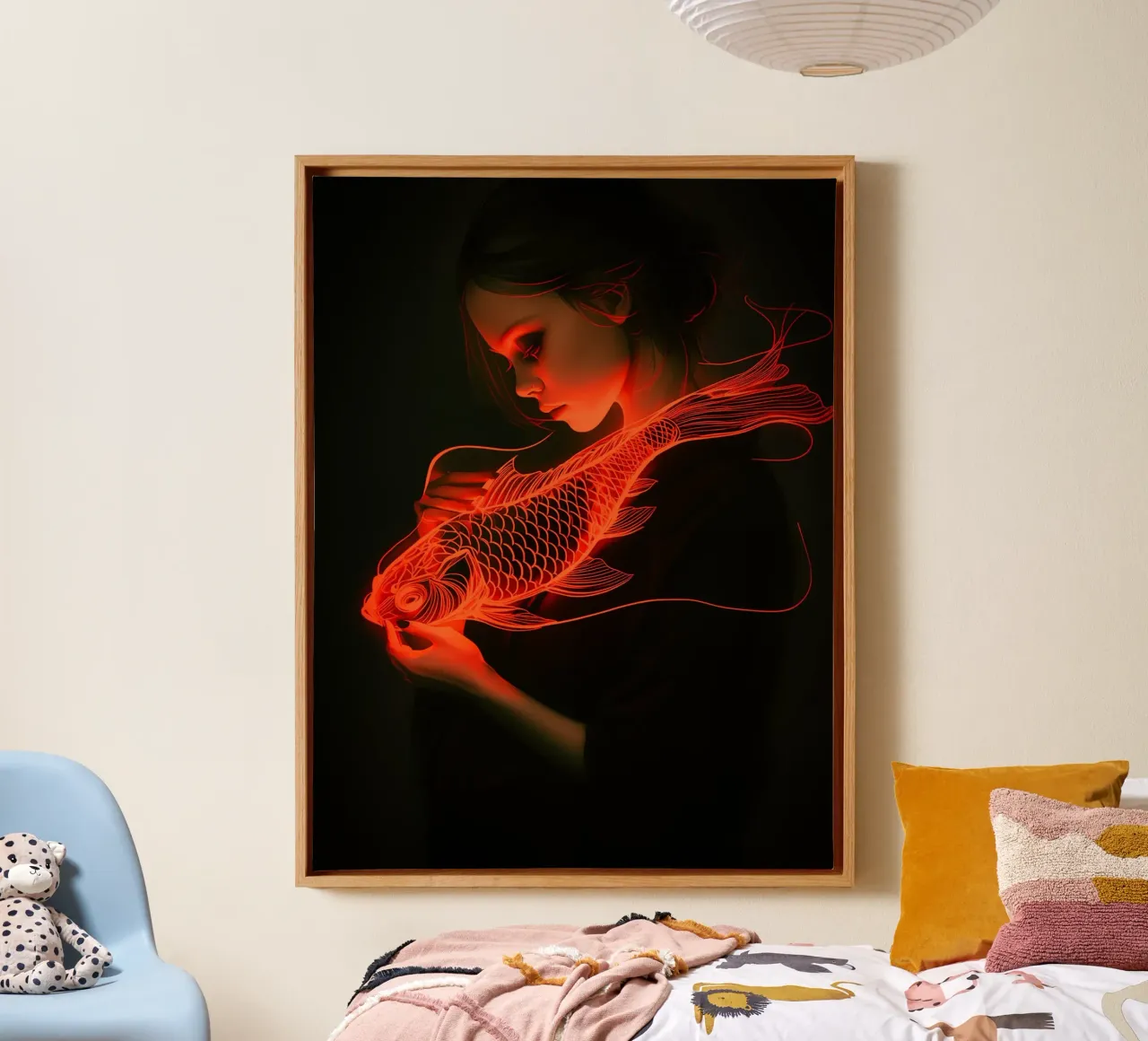 Koi-Geisha | Donna con pesce koi splendente tela con Cornice a cassetta da Autofocus