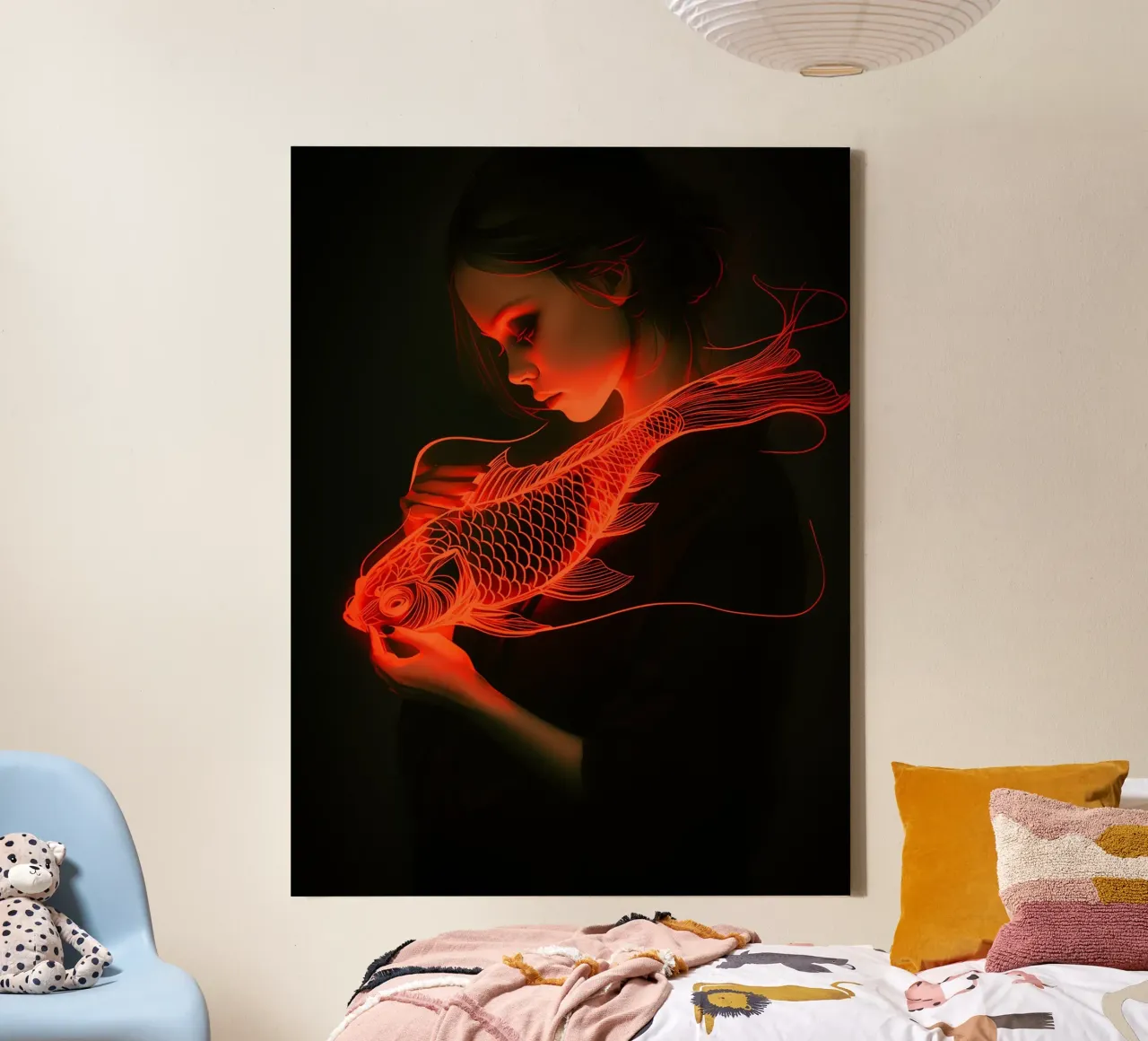 Koi-Geisha | Donna con pesce koi splendente tela con Cornice a cassetta da Autofocus