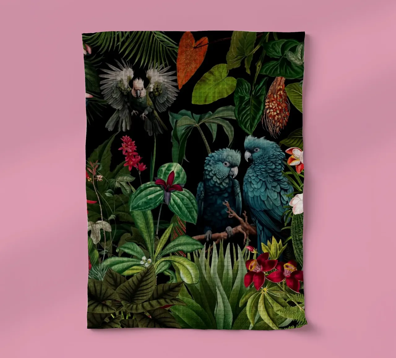 Giungla tropicale vintage di mezzanotte con uccelli esotici canovaccio da cucina da Vintage World - Uta Naumann