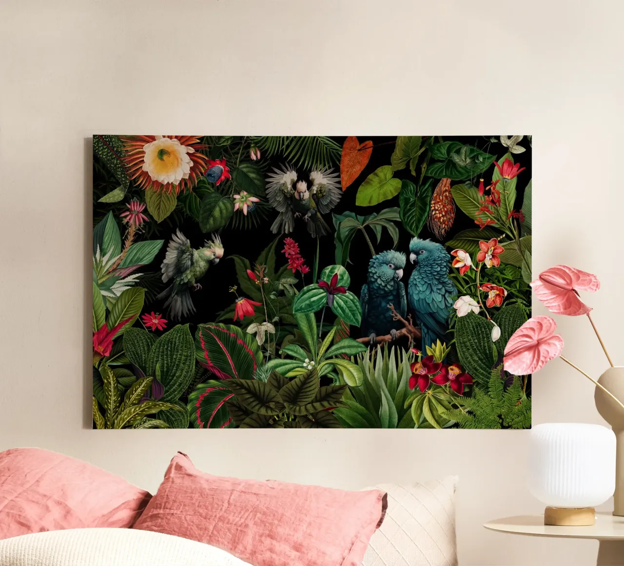 Giungla tropicale vintage di mezzanotte con uccelli esotici tela con Cornice a cassetta da Vintage World - Uta Naumann