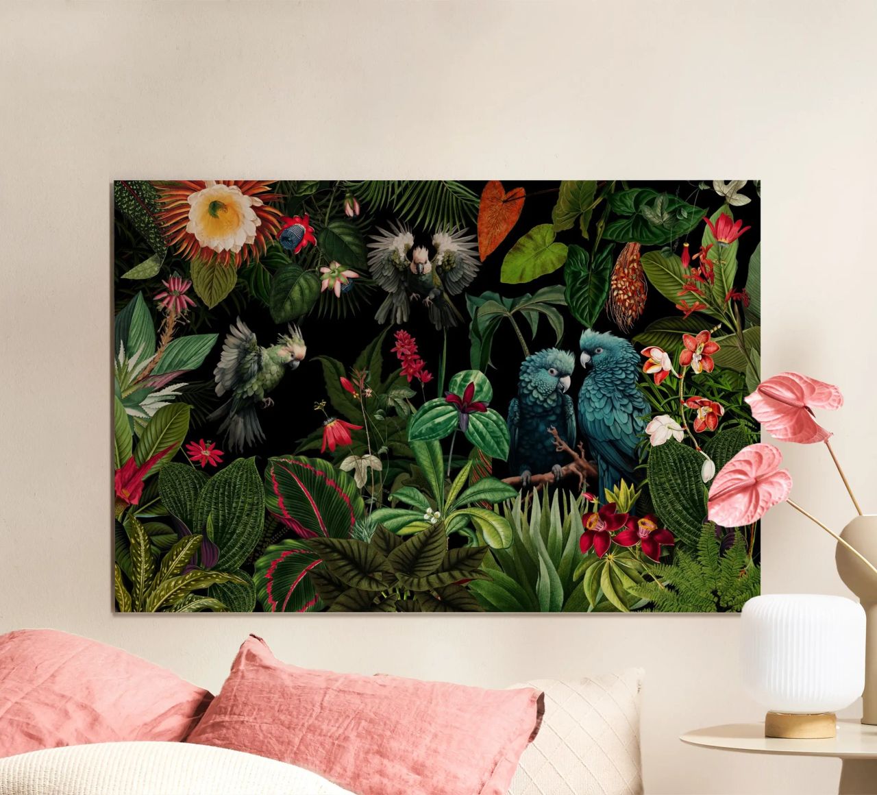Vintage Midnight Tropical Jungle With Exotic Birds (Jungle tropicale avec oiseaux exotiques) poster de Vintage World - Uta Naumann