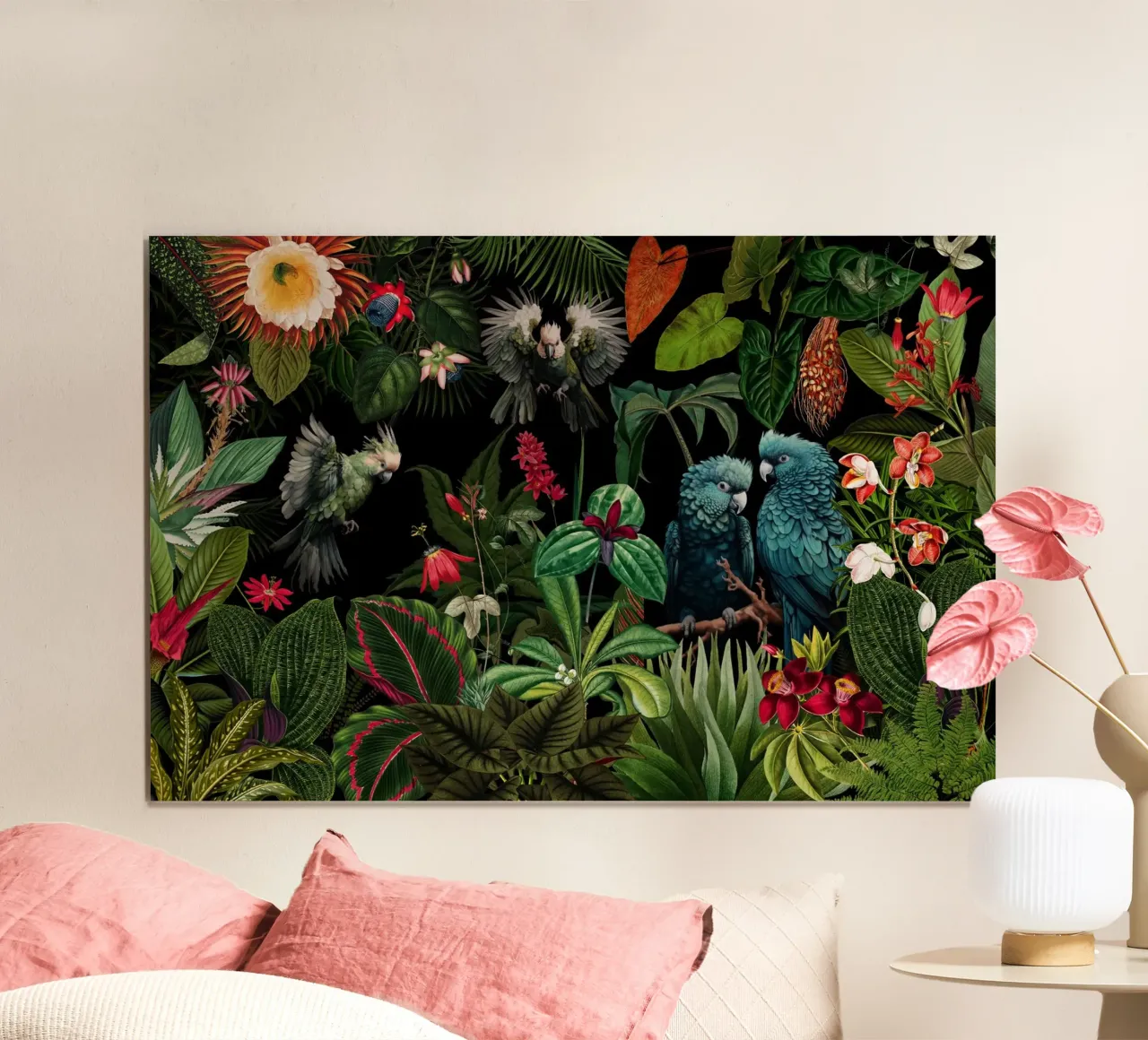 Giungla tropicale vintage di mezzanotte con uccelli esotici poster con telaio in plastica da Vintage World - Uta Naumann