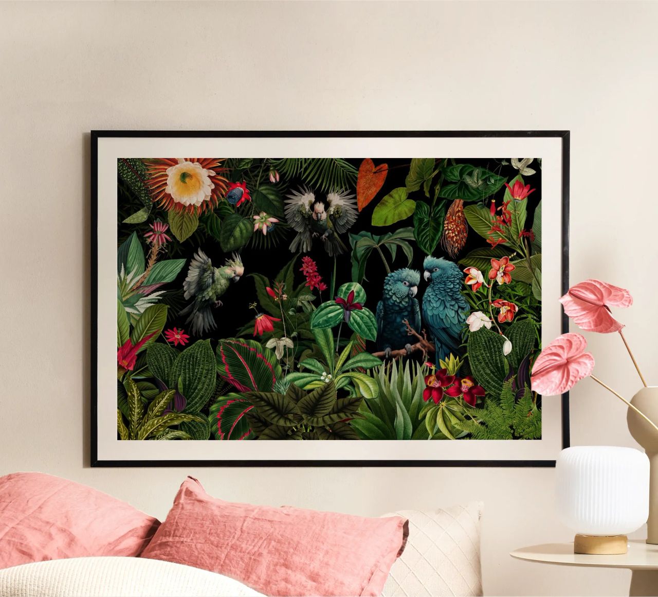 Vintage Midnight Tropical Jungle With Exotic Birds (Jungle tropicale avec oiseaux exotiques) poster de Vintage World - Uta Naumann