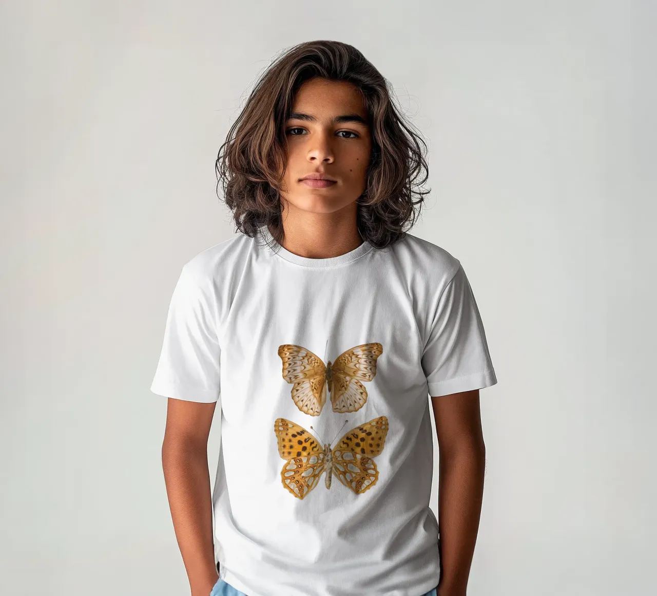 Natural Harmony: Two Brown/Beige Butterflies kids t-shirt by Curious Collections by Marielle Leenders