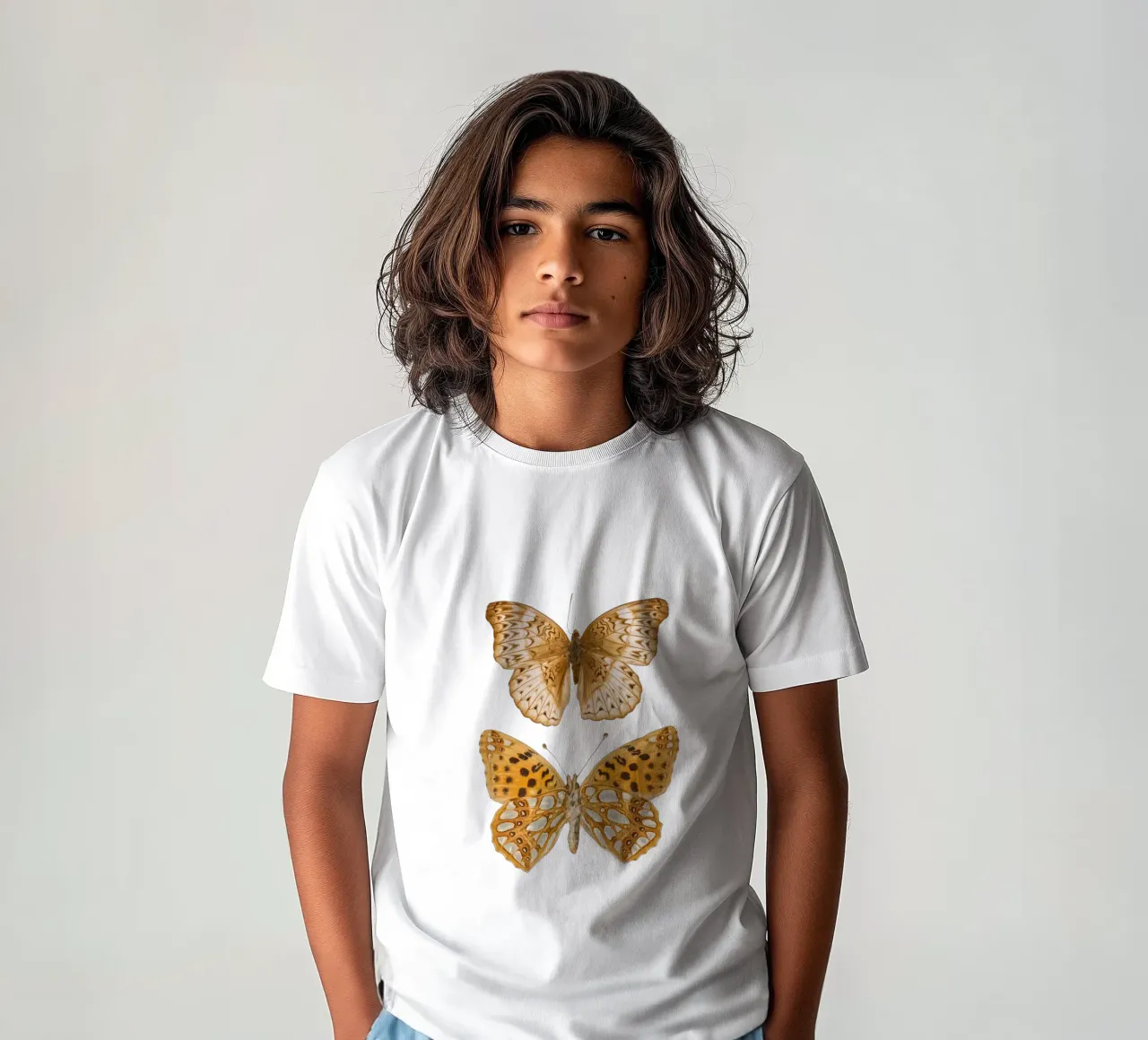 Natural Harmony: Two Brown/Beige Butterflies kids t-shirt by Curious Collections by Marielle Leenders