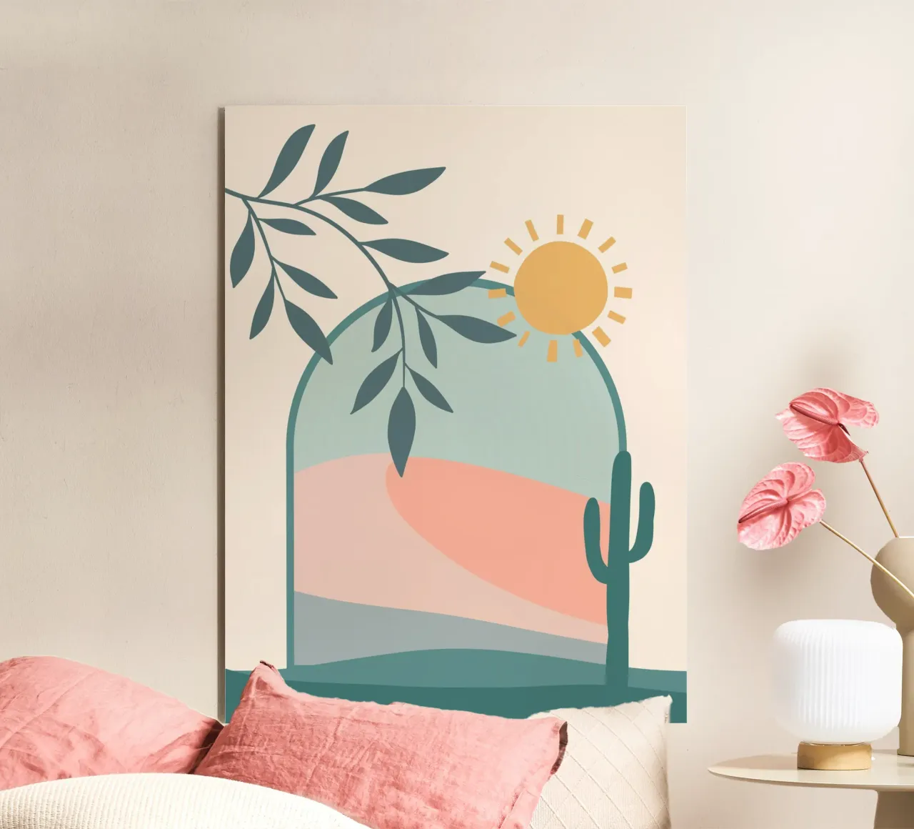 Serene landscape featuring a cactus and a bright sun alluminio dibond da LisaArtes