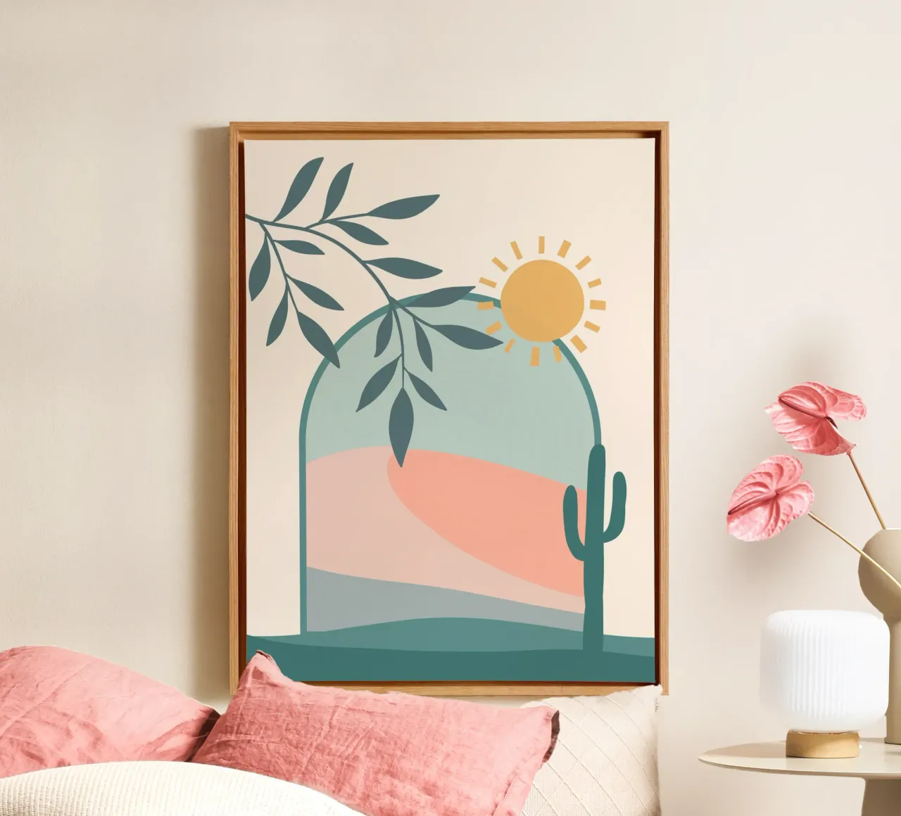 Serene landscape featuring a cactus and a bright sun tela con Cornice a cassetta da LisaArtes