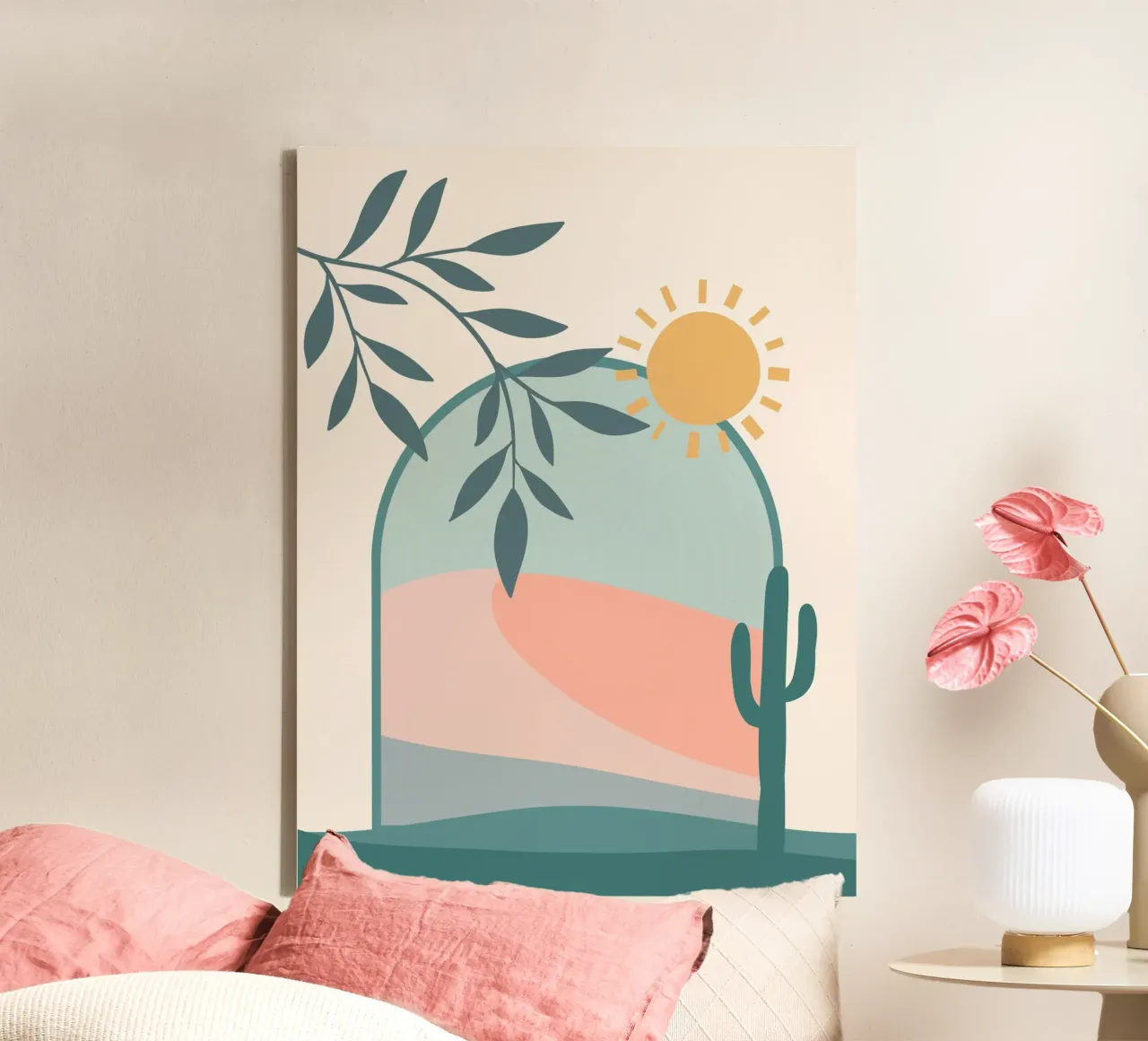Serene landscape featuring a cactus and a bright sun tela con Cornice a cassetta da LisaArtes