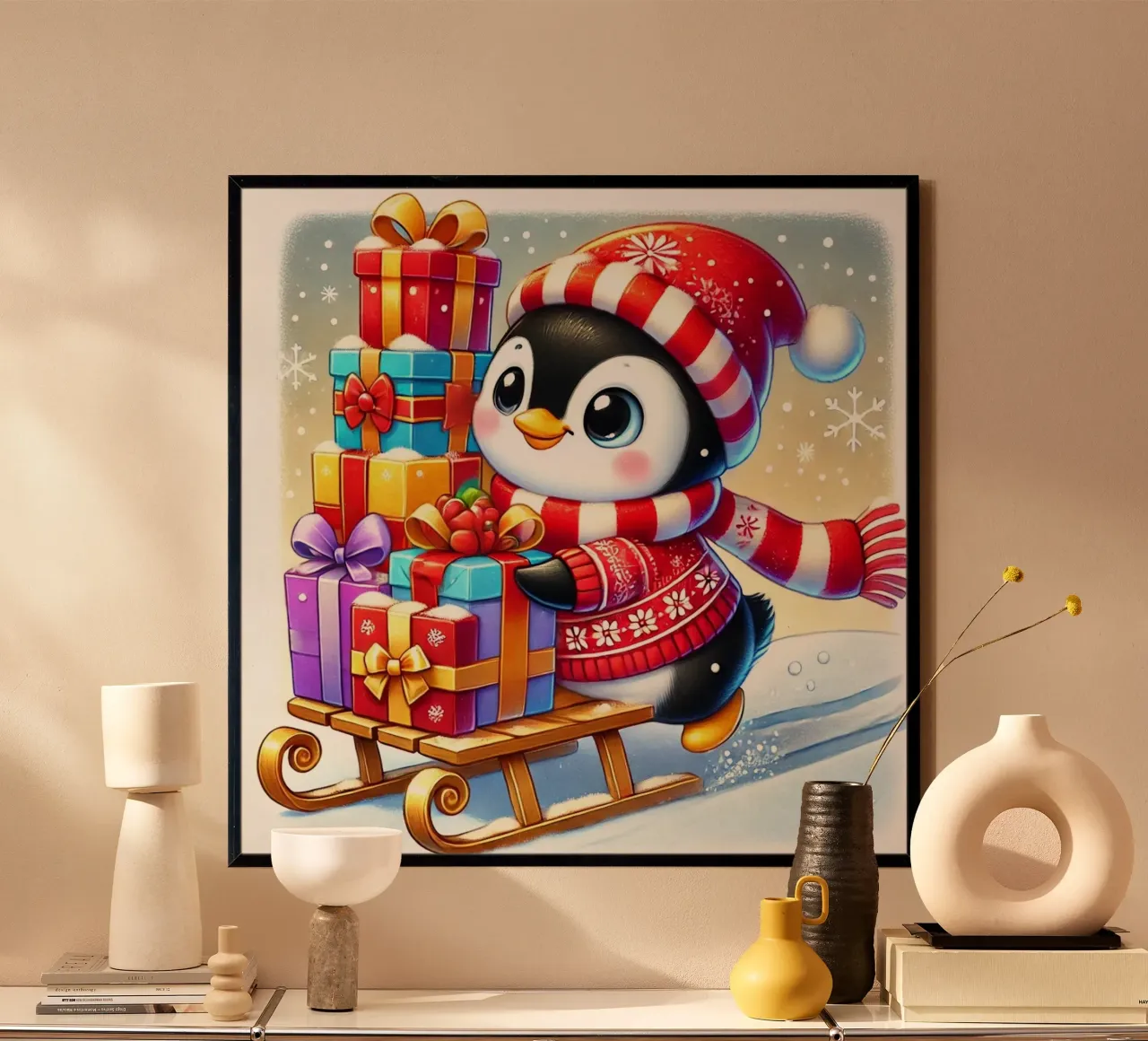 Il bottino di Natale del Pinguino poster con telaio in legno da FluffyToons