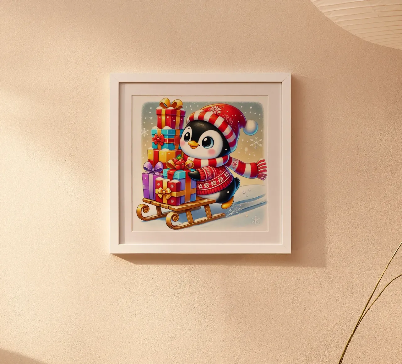 Il bottino di Natale del Pinguino poster con telaio in legno da FluffyToons