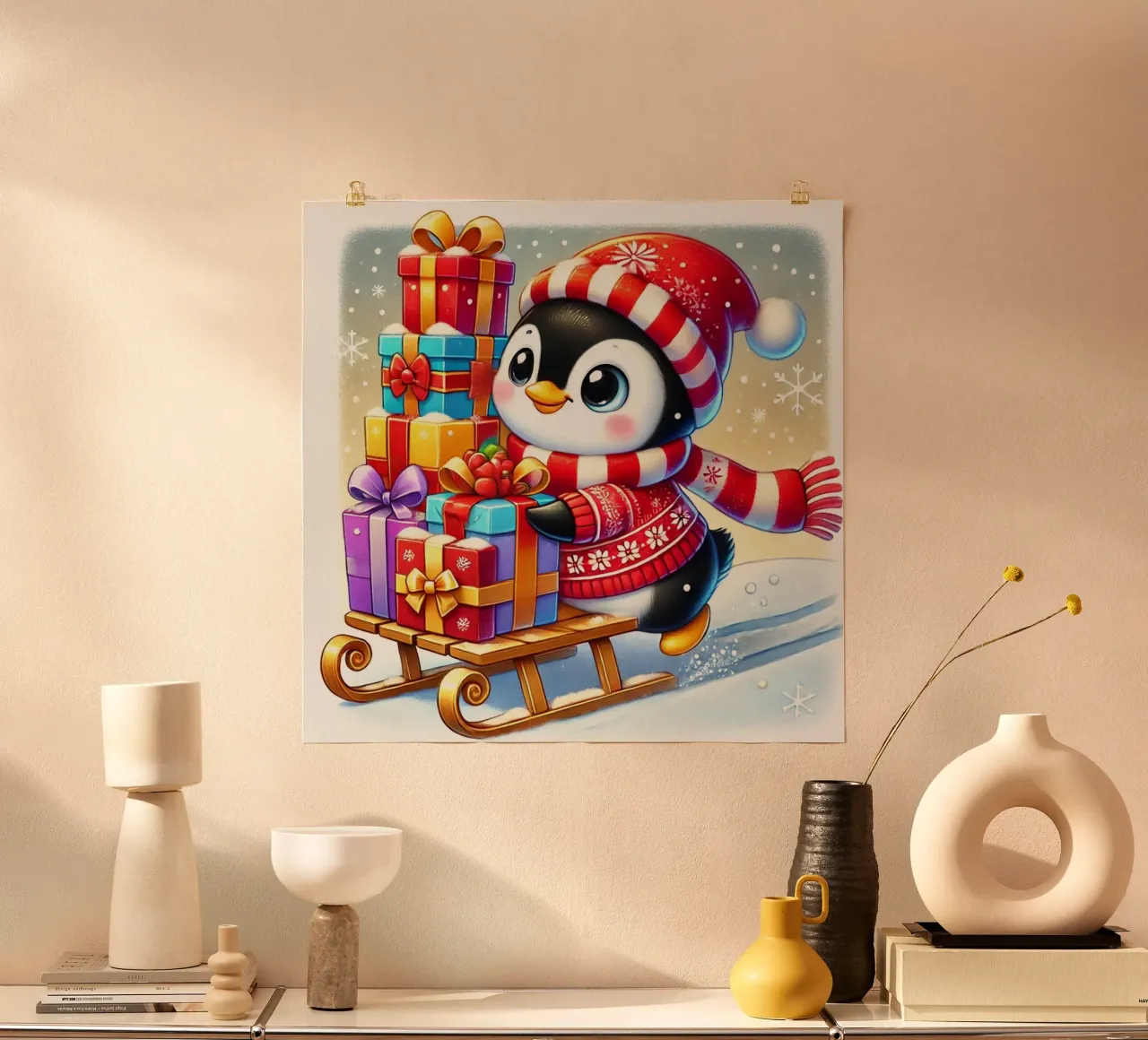 Il bottino di Natale del Pinguino poster con telaio in legno da FluffyToons