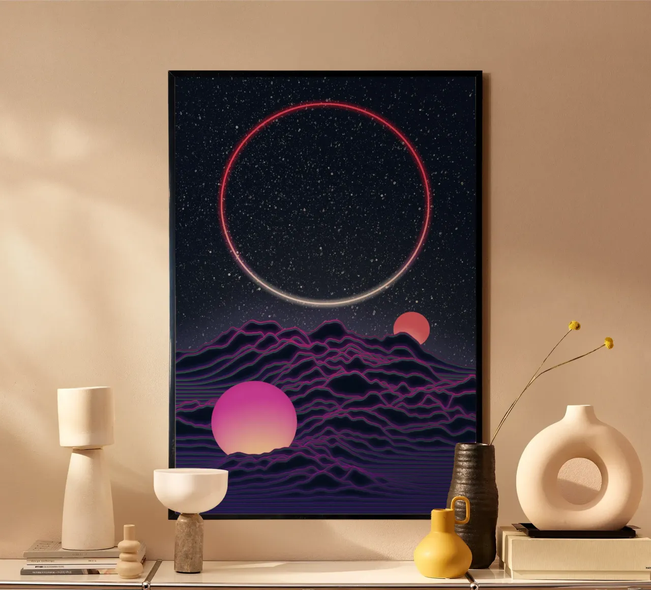 Paesaggio lunare al neon poster con telaio in legno da amini54