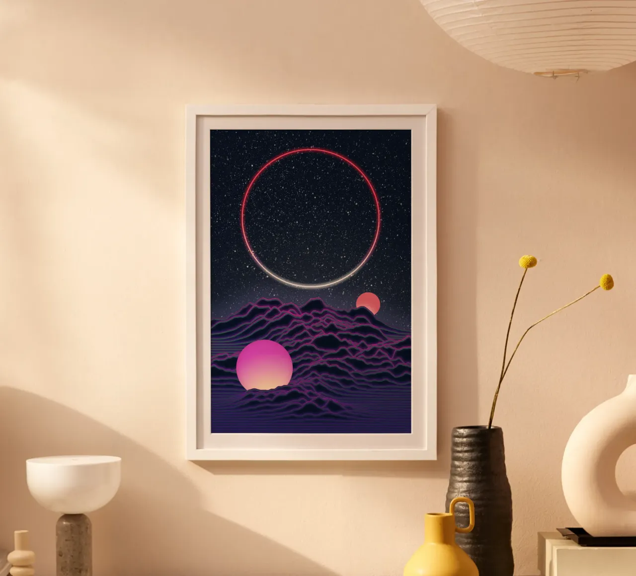 Paesaggio lunare al neon poster con telaio in legno da amini54