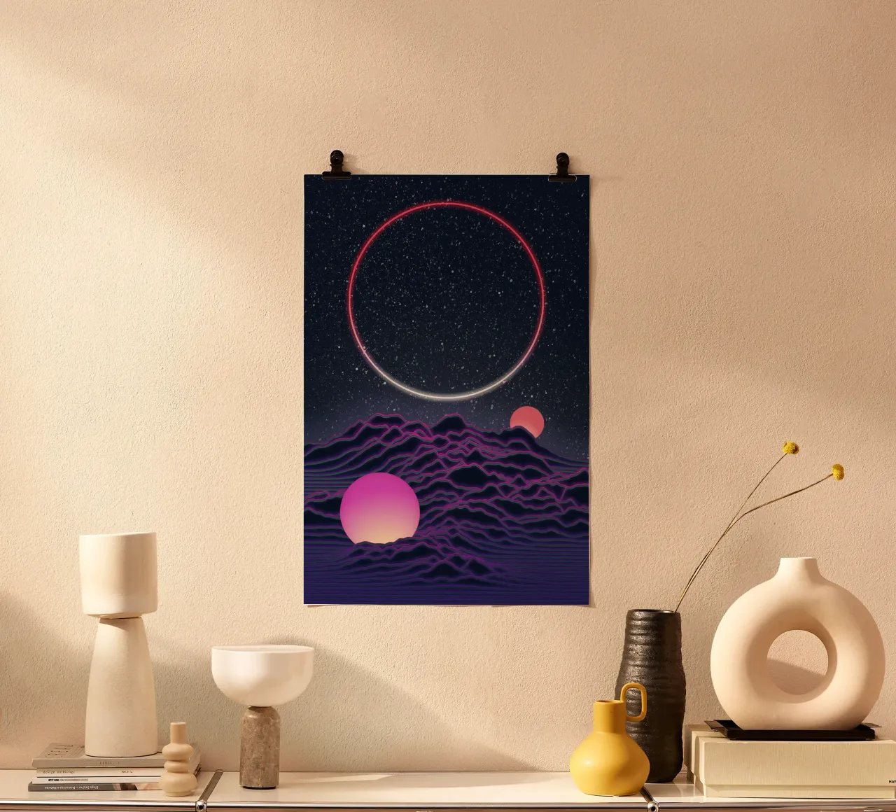 Paesaggio lunare al neon poster con telaio in legno da amini54